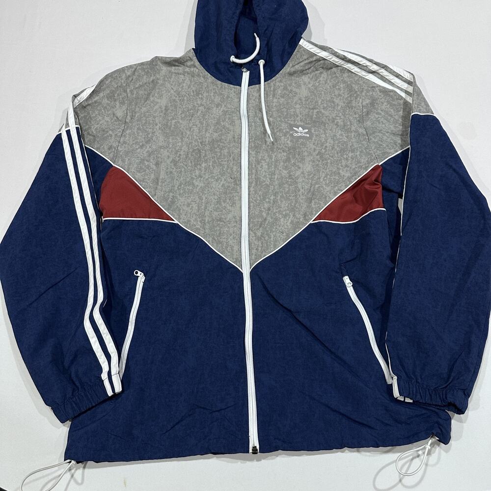 Adidas Jacket Mens Size M Blue Windbreaker Skater Hooded Full Zip Pockets FLAW